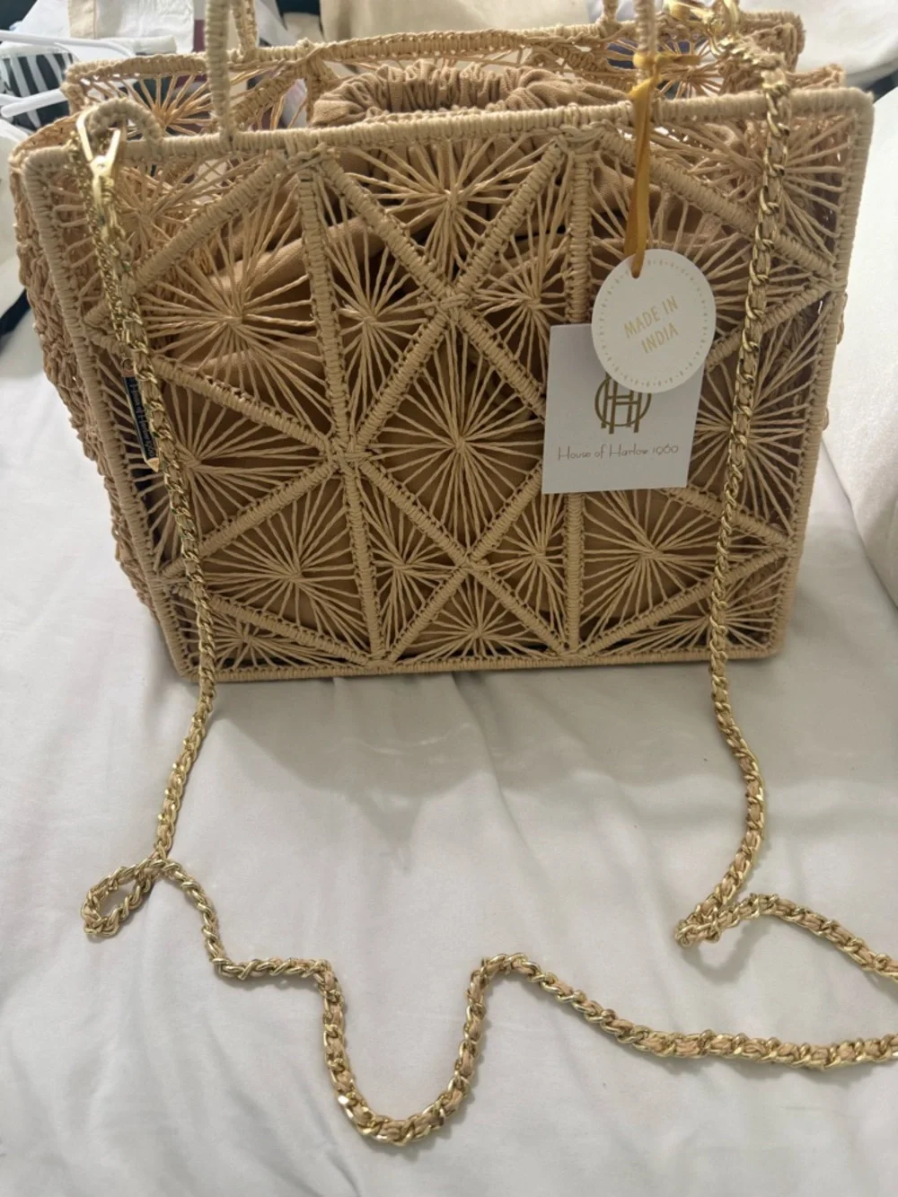House of Harlow 1960 Beige Woven Geometric Tote - Picture 3 of 4